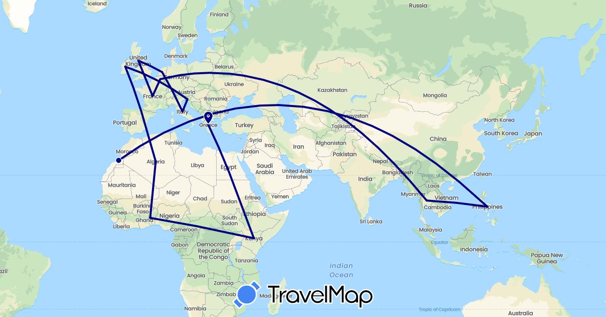TravelMap itinerary: driving in Belgium, Algeria, France, United Kingdom, Greece, Ireland, Italy, Kenya, Morocco, Netherlands, Philippines, Slovenia, Togo, Thailand (Africa, Asia, Europe)